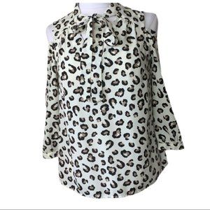 Monteau Leopard Print Cold Shoulder Blouse with Draped Bow Neckline – Size Small